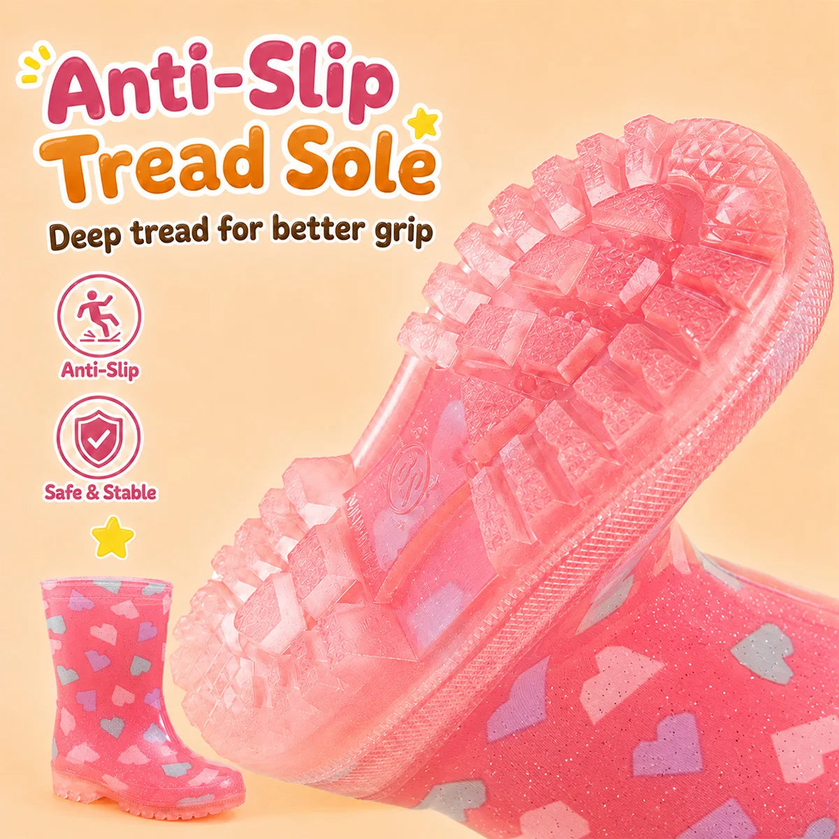 Cute Pink Heart Pattern Toddler Rain Boots Sparkly Transparent Kids Water Boots Outdoor Walking Galoshes