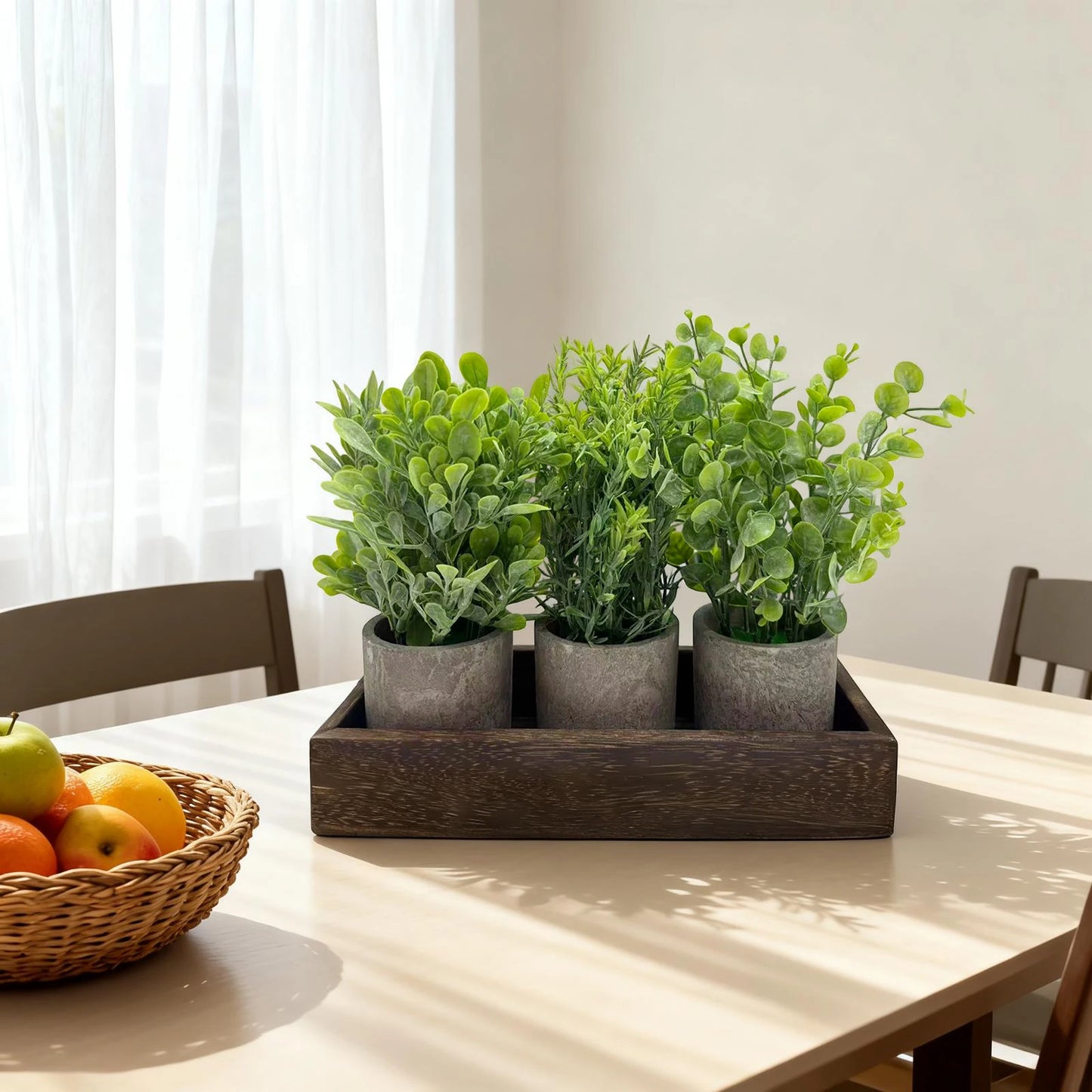 3 Pack Small Artificial Eucalyptus Potted Plants, Fake Greenery Plants in Pots with Wooden Tray, Small Farmhouse Table Centerpiece Decor for Coffee Table Dining Room Home Office