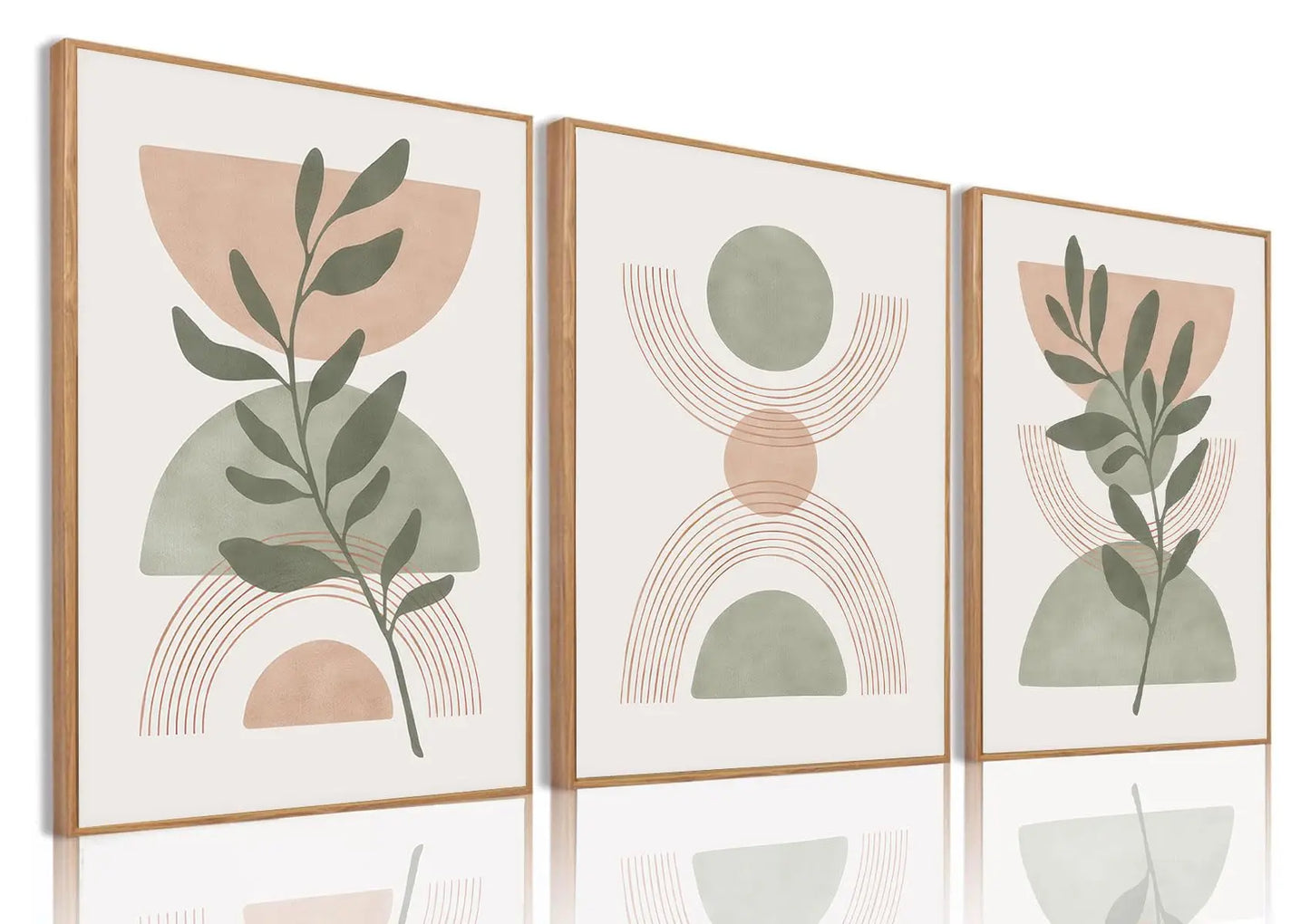 Framed Boho Canvas Wall Art Mid Century Modern Prints Set of 3 Neutral Geometric Line Leaf Paintings Decor Minimalist Abstract Pictures Bedroom Living Room Bathroom