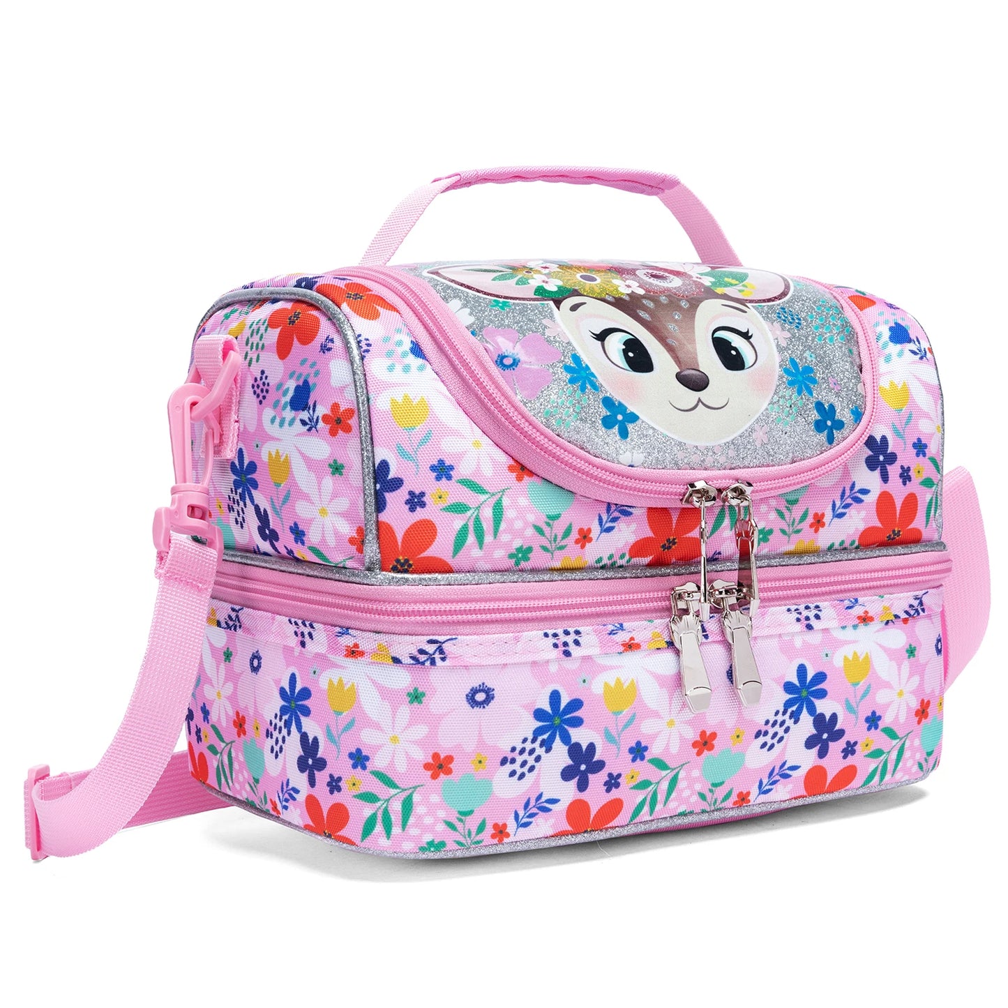 Cute Cartoon Animal Double Deck Girls Lunch Bag Portable Insulated Leakproof Lunch Tote with Detachable Shoulder Strap for School Nursery