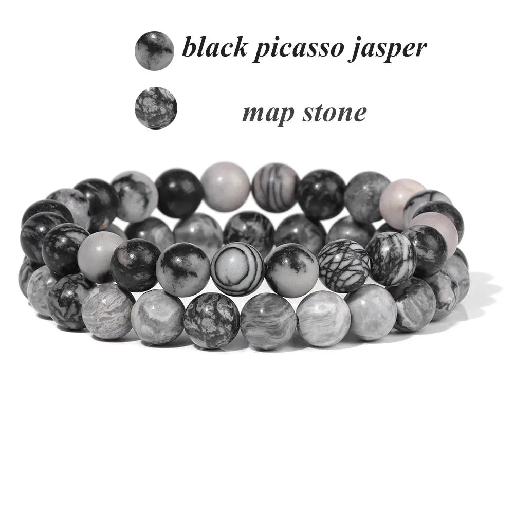 2Pcs Colorful Natural Stone Bead Bracelet Set 8MM Natural Agates Turquois Amethysts Quartzs Gem Stretch Bangle Jewelry Gift