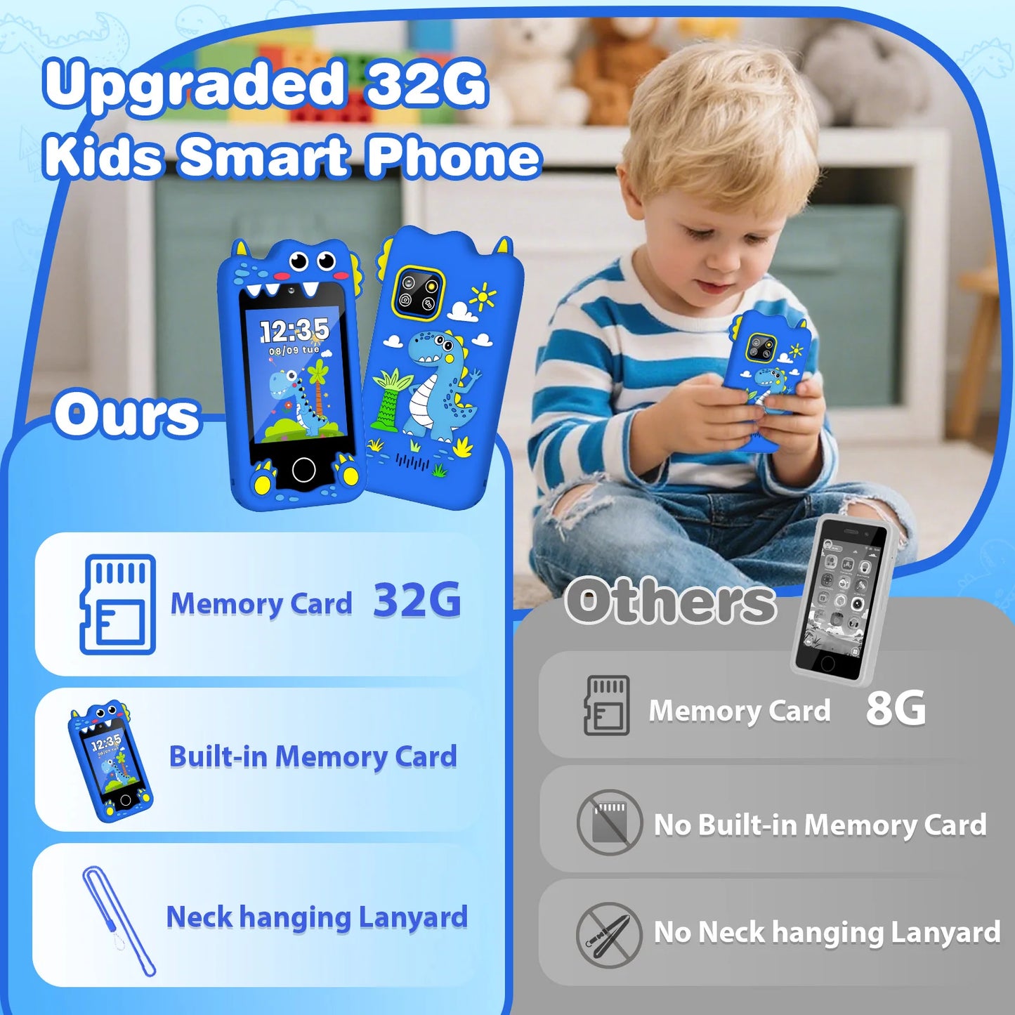 M SANMERSEN Dinosaur Kids Smart Phone for 3-6 Year Olds – 2.8" Touchscreen, Dual Camera, 28 Learning Games, MP3 Music Player, 32GB SD Card – Educational Toddler Phone Toy for Boys & Girls