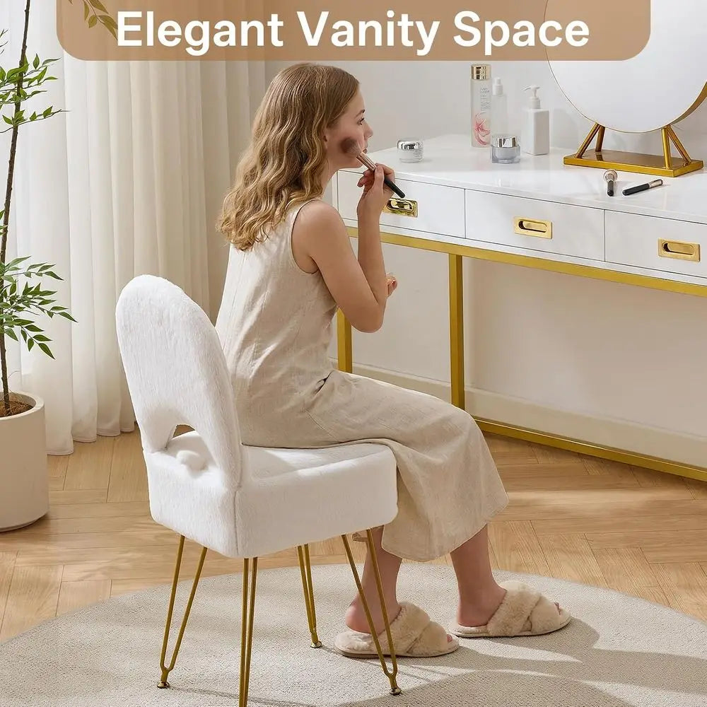 White Vanity Chair with Storage, olding Back aux ur Vanity Stool, Makeup Ottoman with Gold Legs or Bedroom/Bathroom