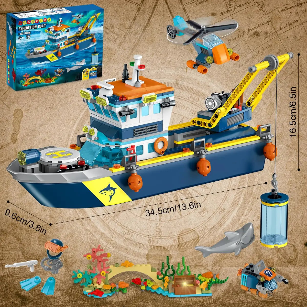 Floatable Boat Building Set with LED-Fun Arctic Explorer Ship with Helicopter Sub Shark Cage Birthday Gift for 6+kids