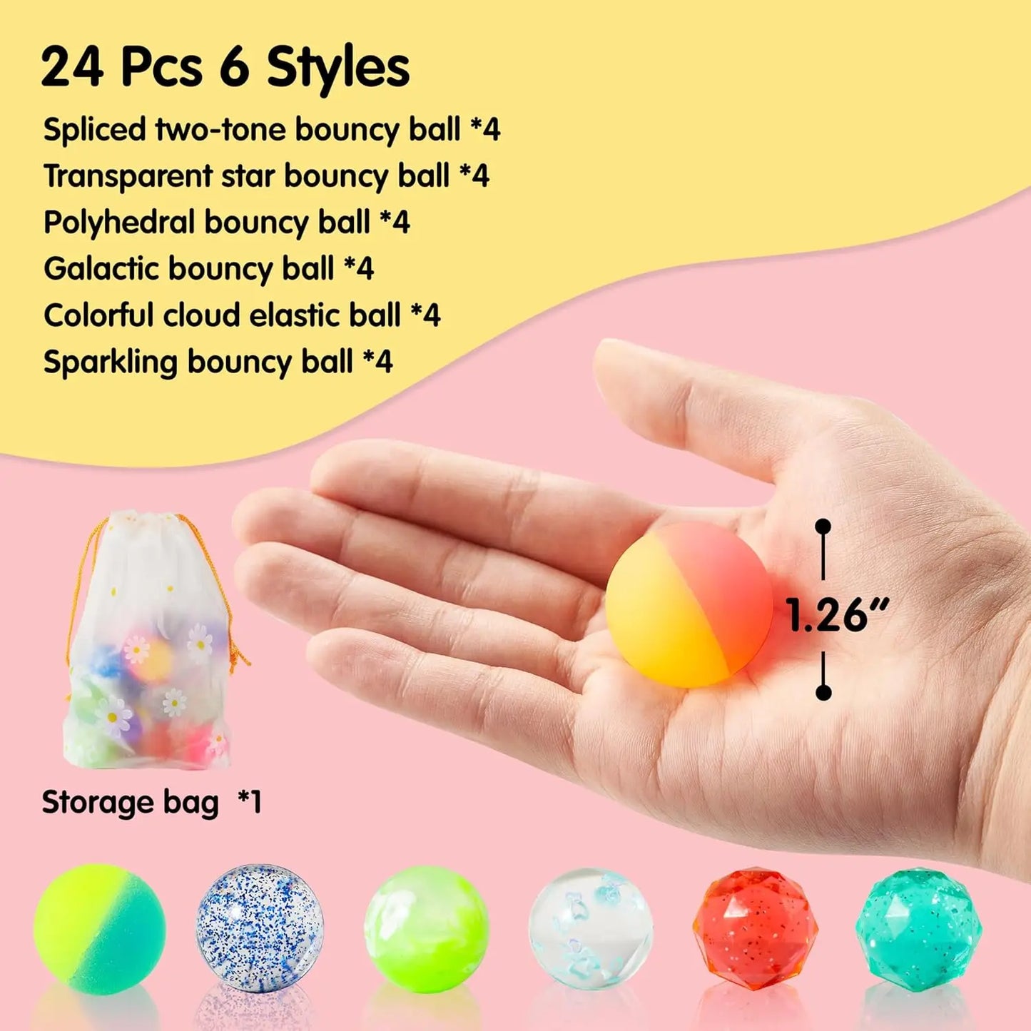 24 PCS Multistyle Bouncy Balls 6 Styles 32mm Assorted Bouncy Balls Bulk for Kids Party Favors Chirstmas Birthdays Gifts