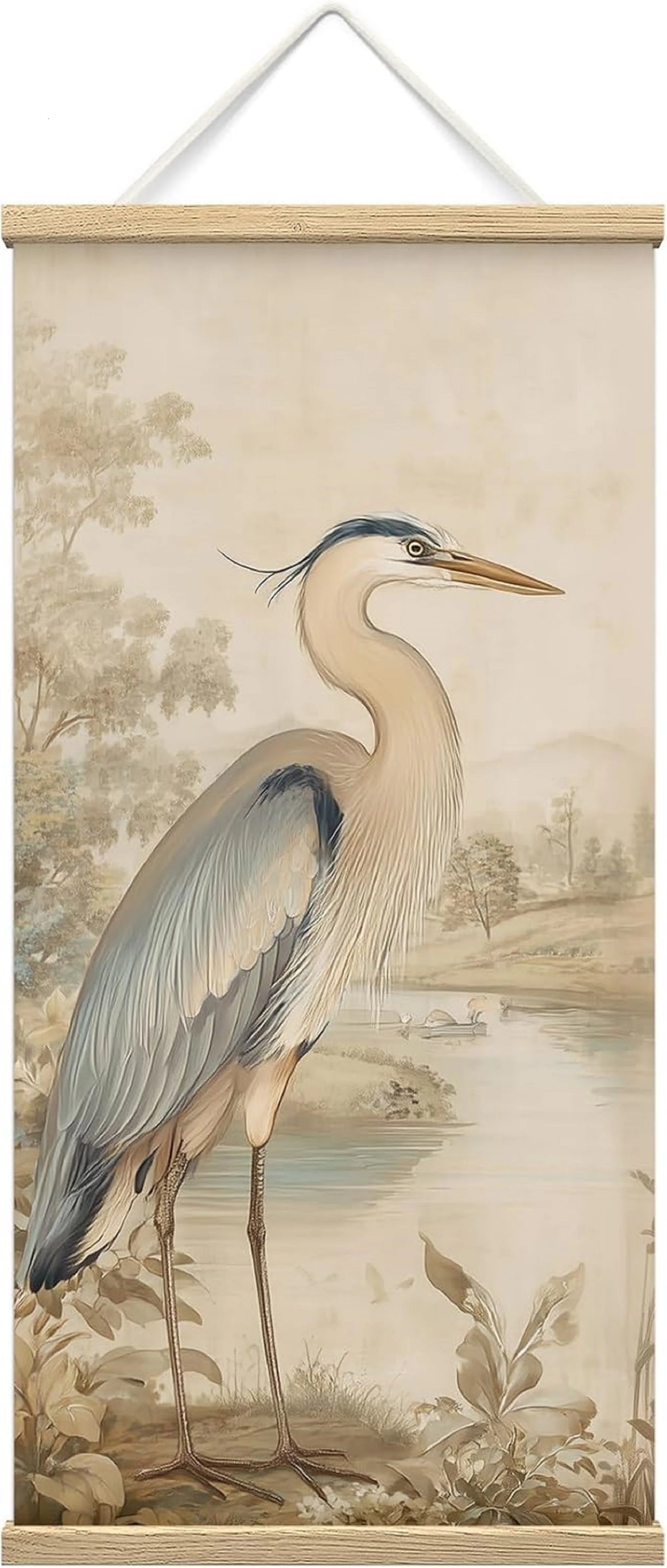 Wooden Framed Hanging Poster Vintage Lakeside Great Blue Heron Bird Wall Picture Poster Artwork for Home