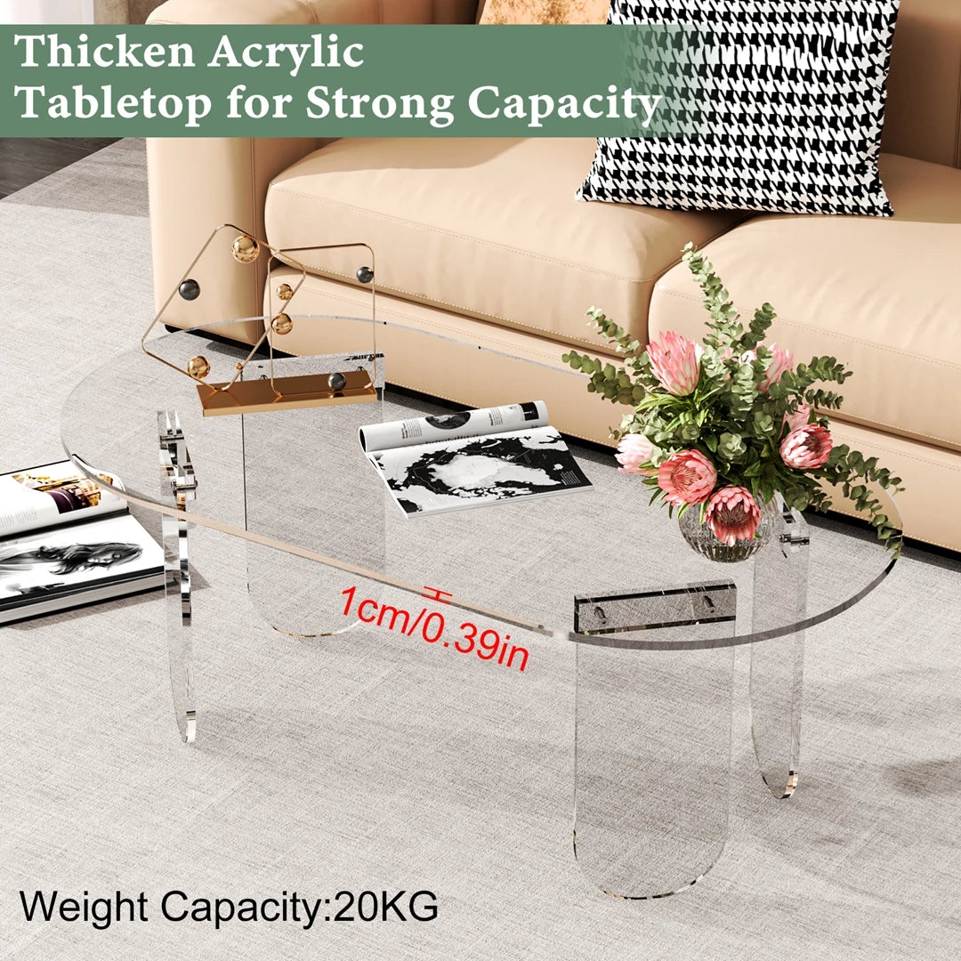 Clear Transparent Oval Acrylic Coffee Table, Modern Accent End Side Table with 4 Legs & PVC Cover for Living Room, Office