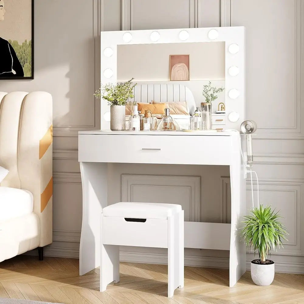 Makeup Vanity Desk with Mirror, 12 LED Lights, 3 Colors, White Table with Charging Station and Storage Stool
