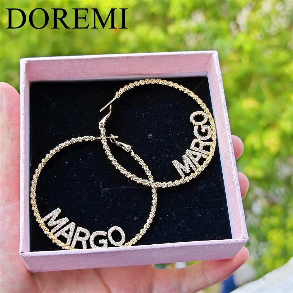 DOREMI 9mm Shiny Initial Letters Twisted Earring Hoop Custom Jewelry Crystal Zircon Nameplate Personalied Earring Gift For Women
