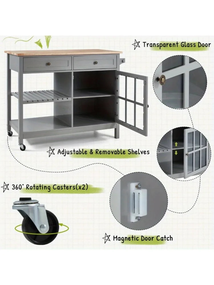 EROMMY 41.7" Solid Wood Top Kitchen Island, Mobile Kitchen Cart with Storage Cabinet, 2 Drawers, Open Shelf & Towel Rack
