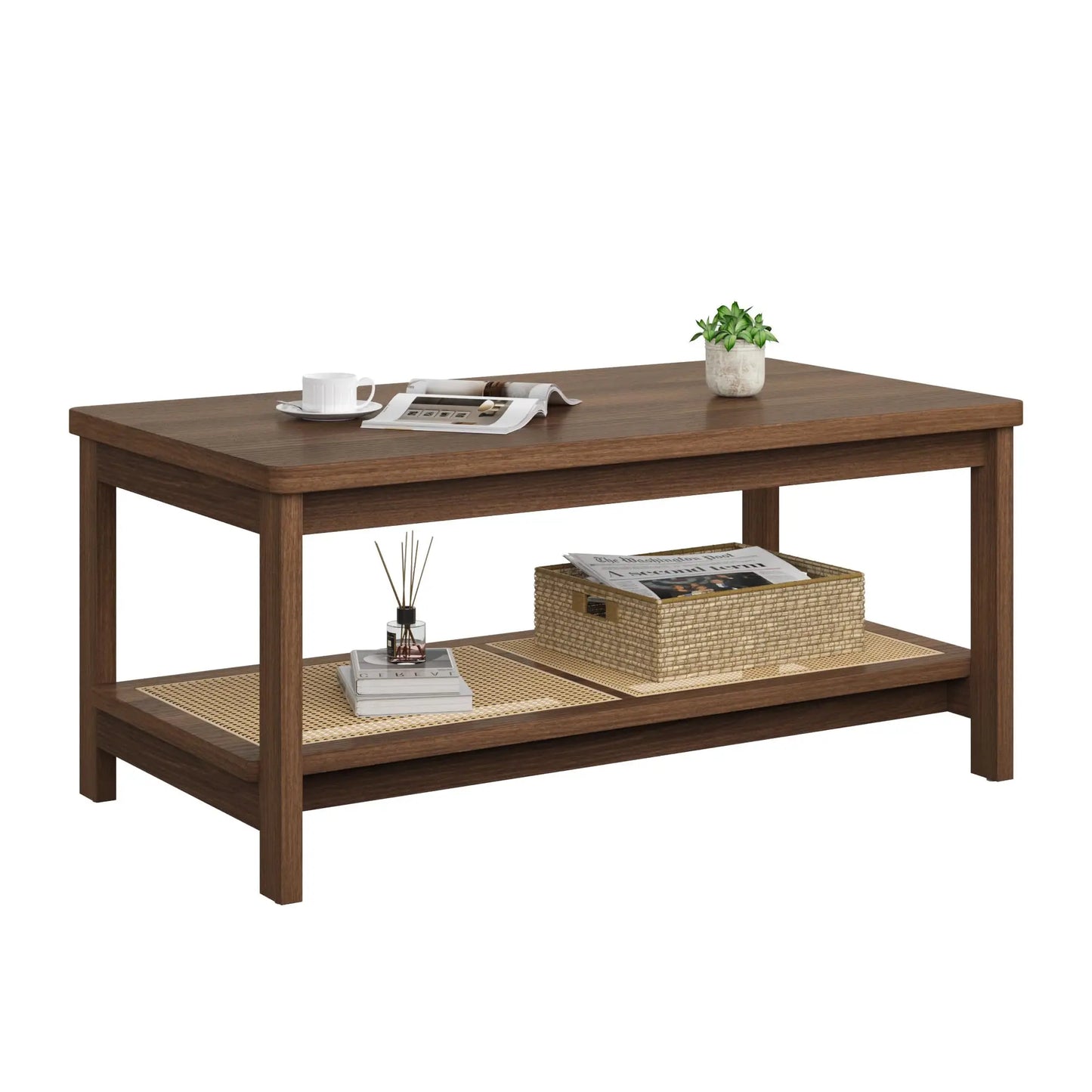 39.4in Boho Rectangular Coffee Table With Rattan Storage Shelf, 2 Tier Mid Century Modern Center Table For Living Room, Apartment, Small Space