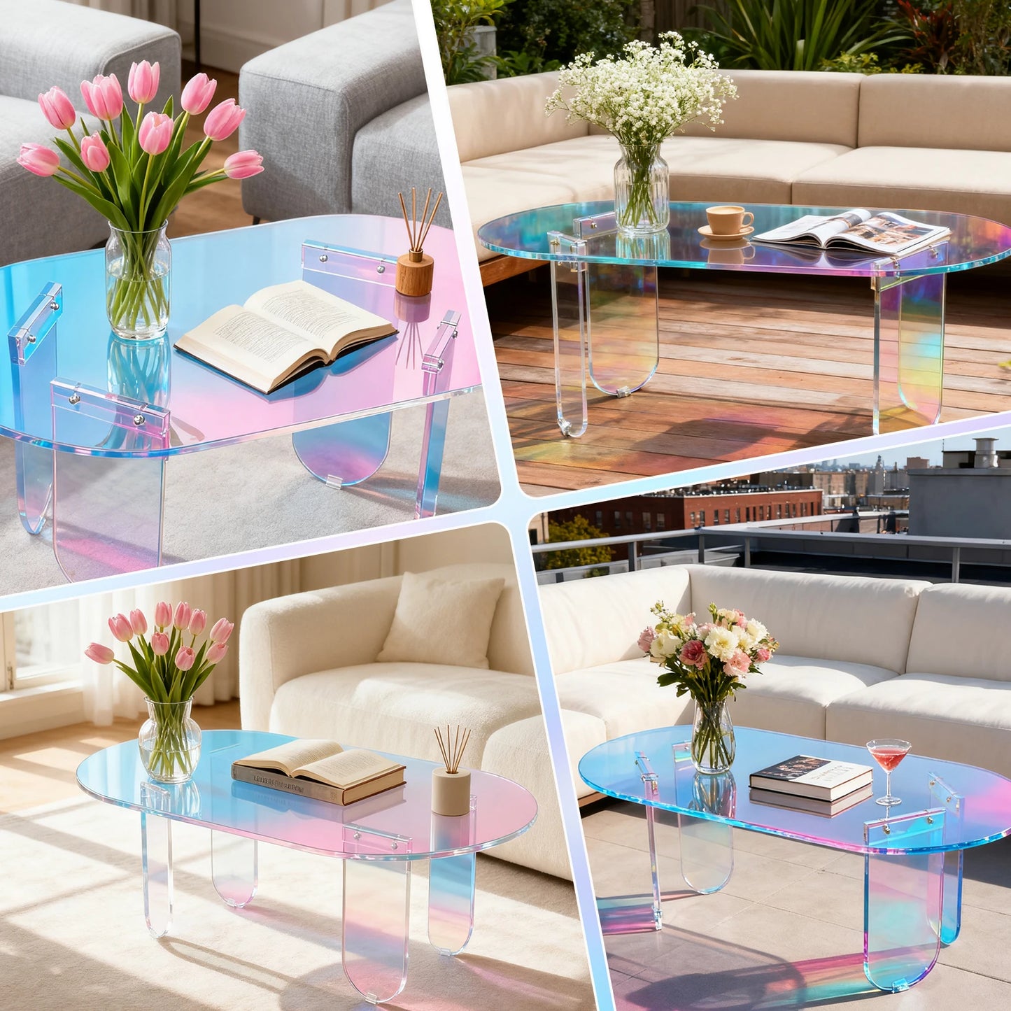 Round Square Acrylic End Table Easy Assemble Modern Chic Desk Iridescent Clear Coffee Table Transparent Art Home Decor Furniture