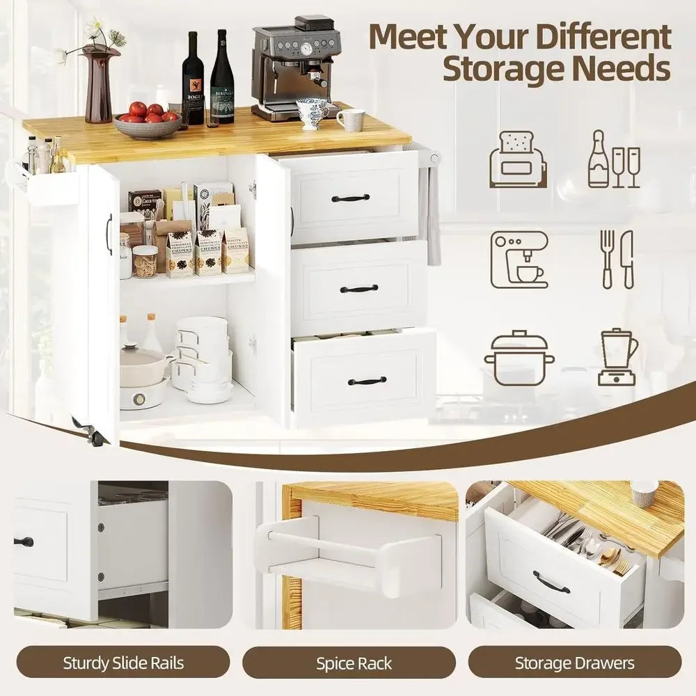 Kitchen Island with Storage on Wheels, Rolling Kitchen Island with Spice Rack & Towel Rack, Portable Island Table or Kitchen, Wh