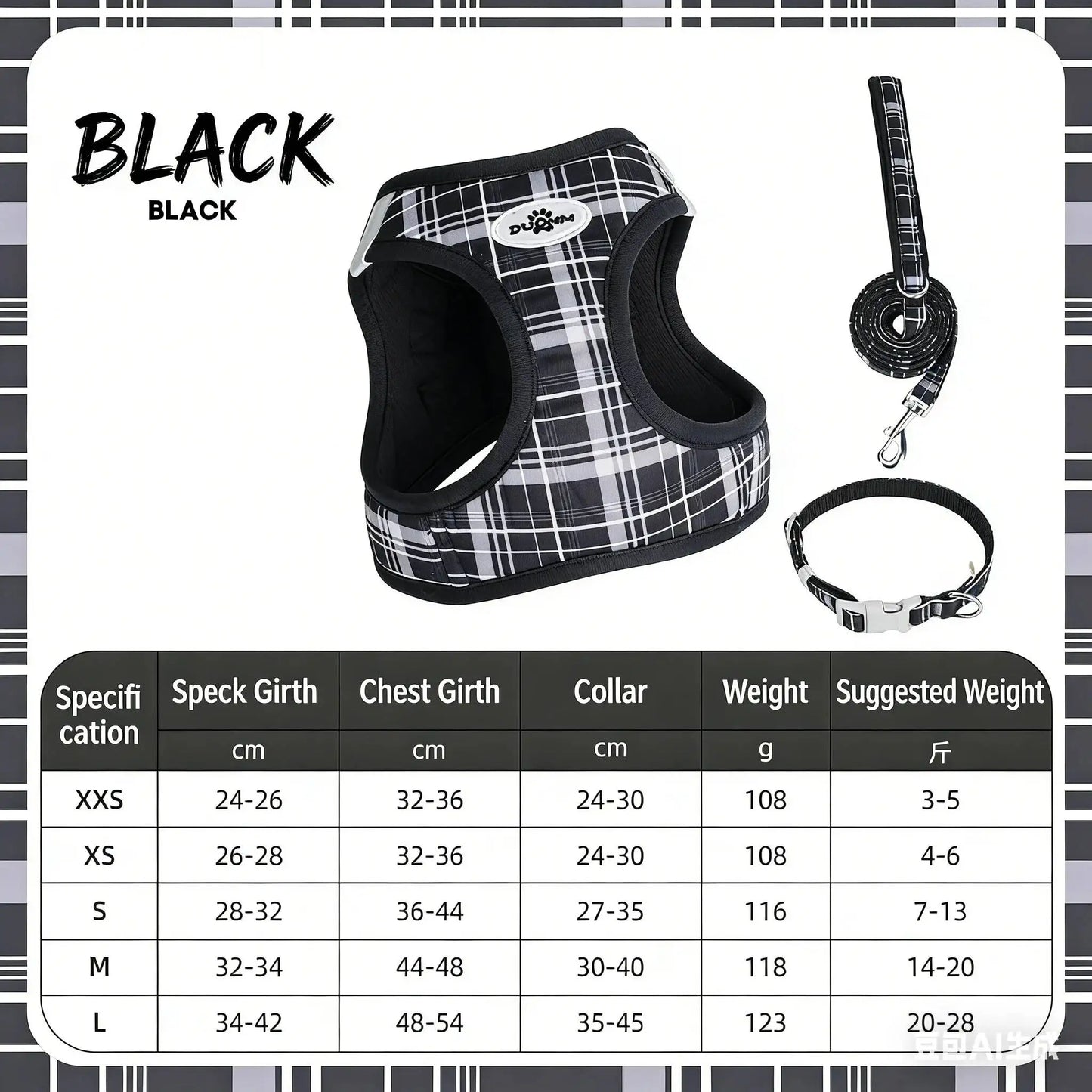 Classic Plaid Pet Three-Piece Set, Stress-Relief Leash, Vest-Style Harness, New Year Dog Harness