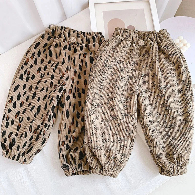 Spring Autumn Girls Korean Corduroy Floral Pants Thicken Fleece Warm Children Trousers Fashion Leopard Print Boys Pants Outwear