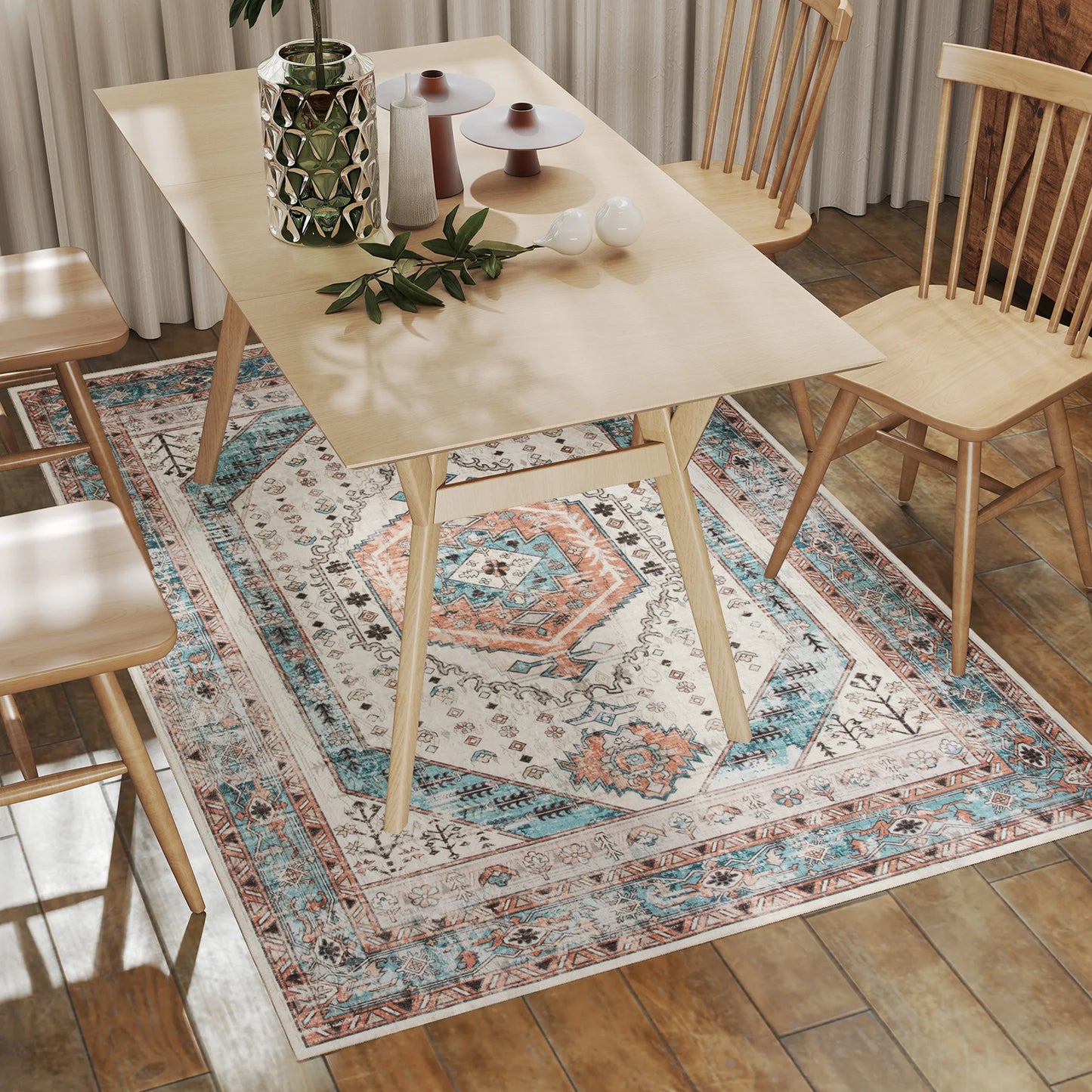Machine Washable Area Rug, 4'x6' Vintage Oriental Medallion Distressed Rugs Soft Printed Floor Mat, Brown and Blue