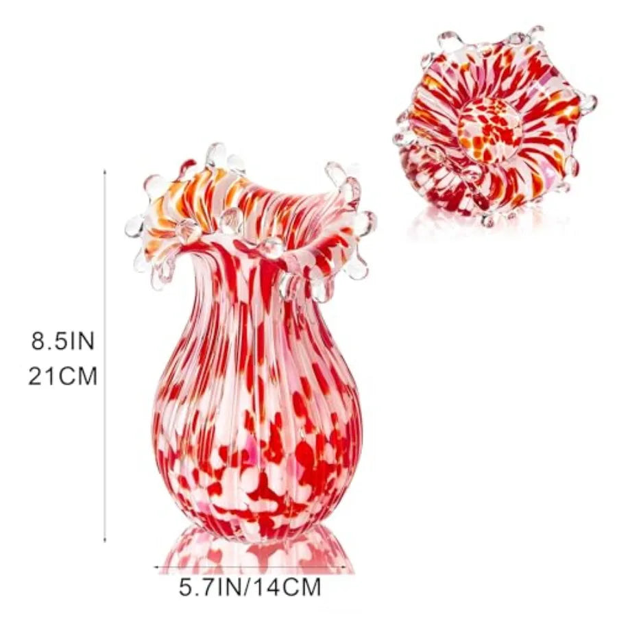 Hand Blown Glass Vase for Flowers, 8 Inch Red Crystal Flower Vases for Bouquet Home Decor Decorative Centerpieces, Unique Gift