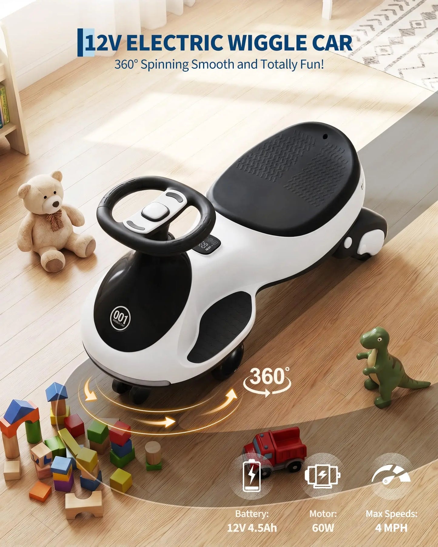 12V Electric Wiggle Car For Kids, 2 In 1 Ride On Swing Car With Pedal, Flashing Wheels Music, Anti-Rollover Toy For Toddlers
