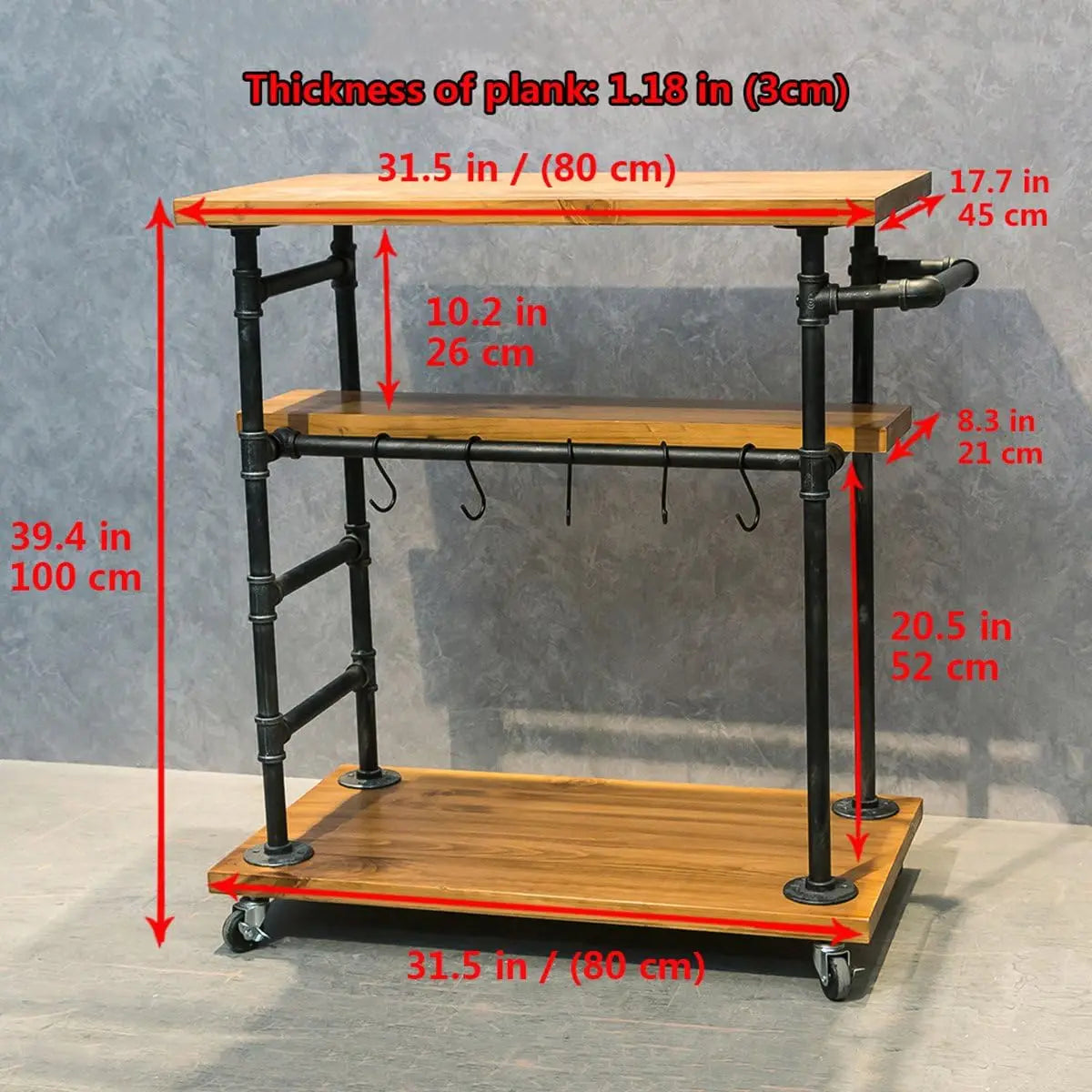 Industrial Style 3-Tier Wheeled Kitchen Island with Wood & Pipe Frame Butcher Block Surface Mobile Serving Cart Multipurpose Wine Coffee Beverage Rolling Bar Trolley for Household Kitchen Home Bar