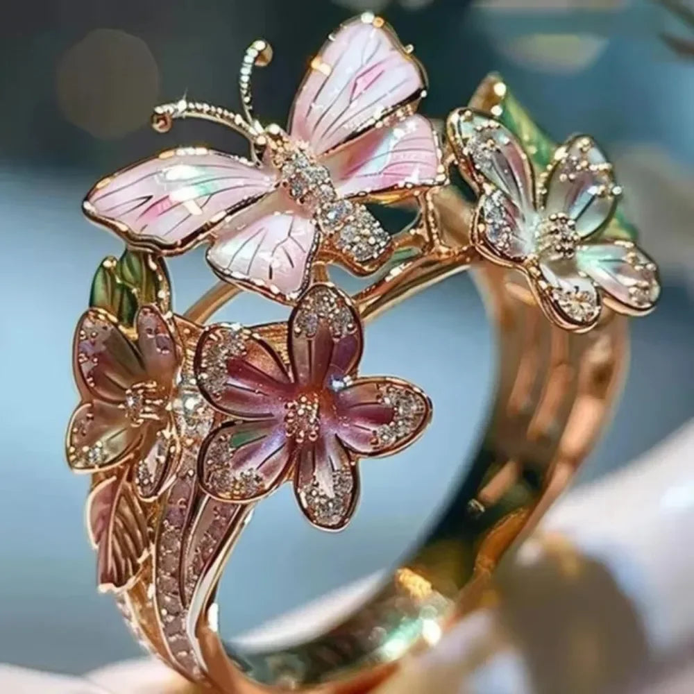 Aesthetic Flower Butterfly Rings for Female Romantic Rhinestone Stylish Non-fading Opening Ring Women Wedding Jewelry Party Gift