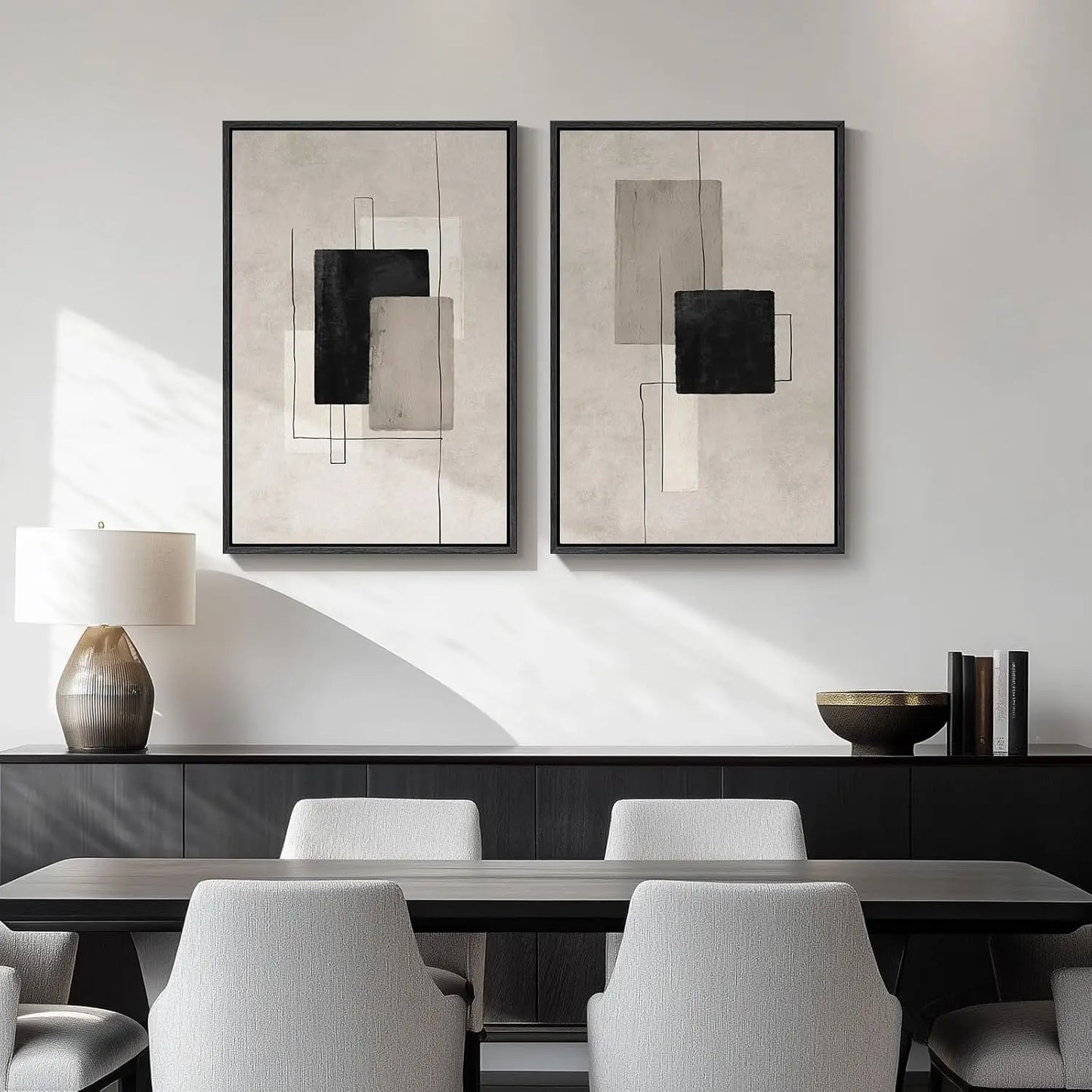 Framed Neutral Abstract Wall Art Set of 2, Black Beige Modern Canvas Prints Paintings Artwork for Walls, Minimalist Block Lines Pictures for Living Room, Dining Room, Bedroom Wall Decor 16x24 In