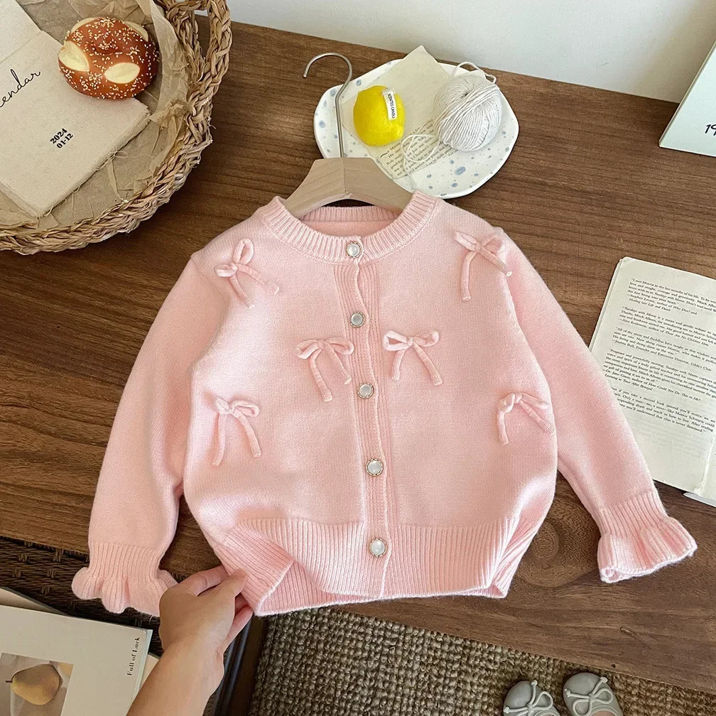 Childrens Clothing 2025 Autumn and Winter New Item Girls Bow Knit Cardigan Sweater Jacket Cute Baby Sweet Top Fashion