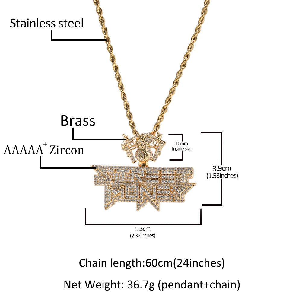 Icy Street Money Pendant With Dollar Bag Guns Hook Mens Necklace 18K Gold Plated Iced Out 5A CZ Hip Hop Jewelry