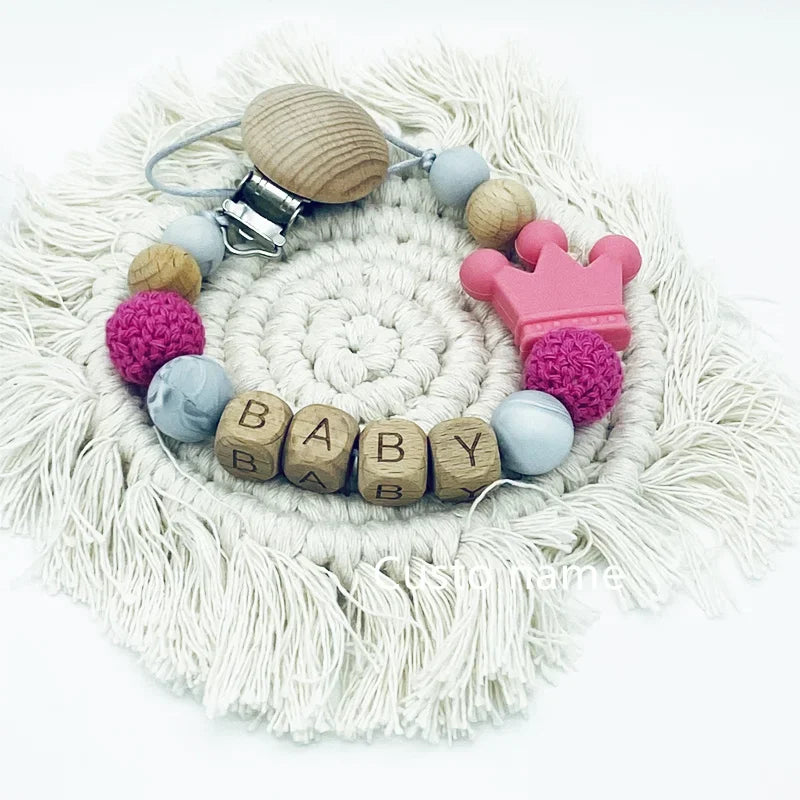 DIY Custom Name Silicone Beads Wooden Ring Pacifier Clips Safe Teething Chains Baby Teether Eco-friendly Dummy Beech Clips Gift