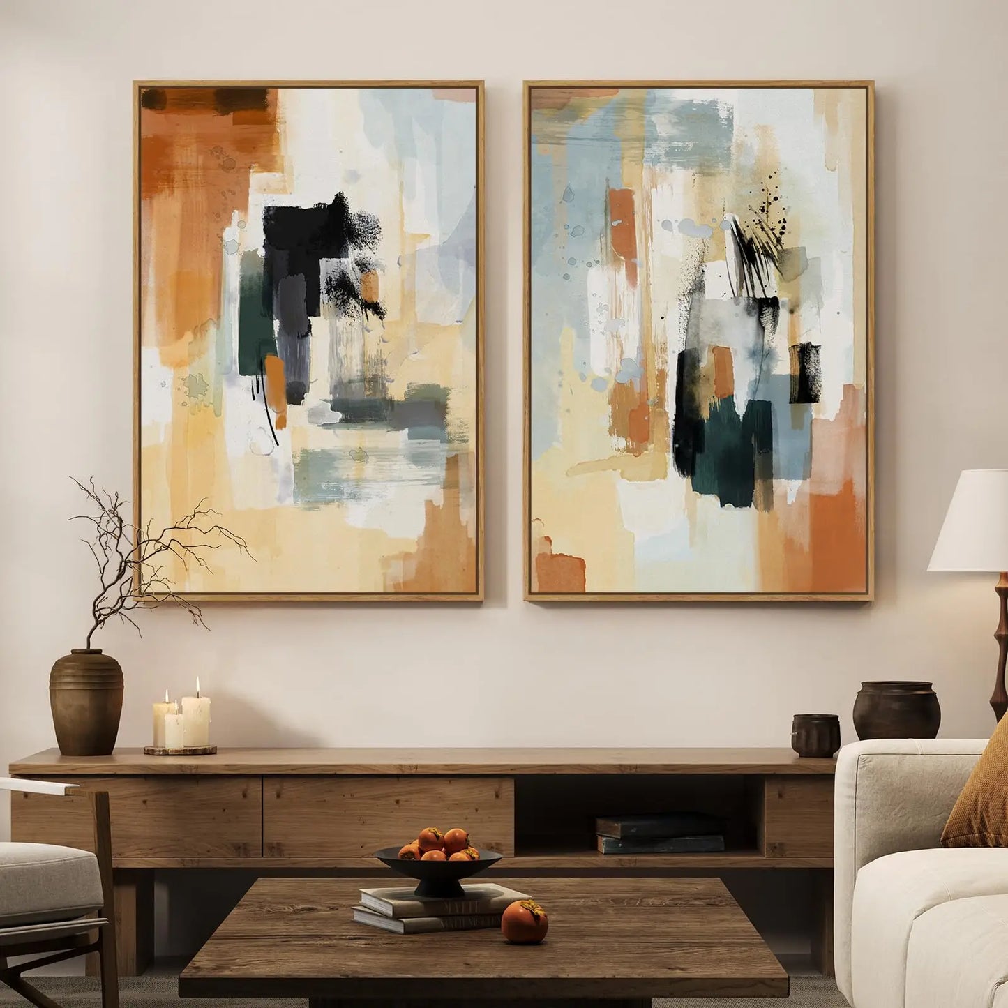 Framed Neutral Abstract Wall Art Set of 2, Black Beige Modern Canvas Prints Paintings Artwork for Walls, Minimalist Block Lines Pictures for Living Room, Dining Room, Bedroom Wall Decor 16x24 In