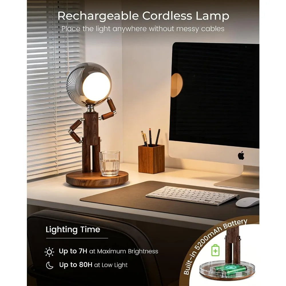 Rechargeable Cordless Table Lamp, Dimmable Wooden Desk Light, Touch Control, 3 Temperatures, Home Decor Gift
