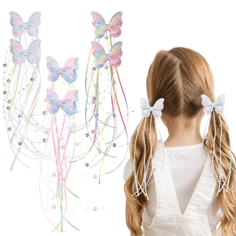 2Pc Childrens Rainbow Butterfly Sequin Hair Clip Pearl Ribbon Tassel Hair Clip Girl Braided Hair Accessory Performance Accessory Hair Clips