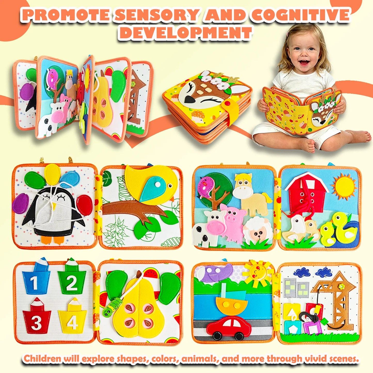 Children's baby early education intelligence learning baby toys felt learning board, busy board, busy book, cloth book, including life skills, alphabet, numbers, shapes colors, animals, weather, toddler travel toys, birthday