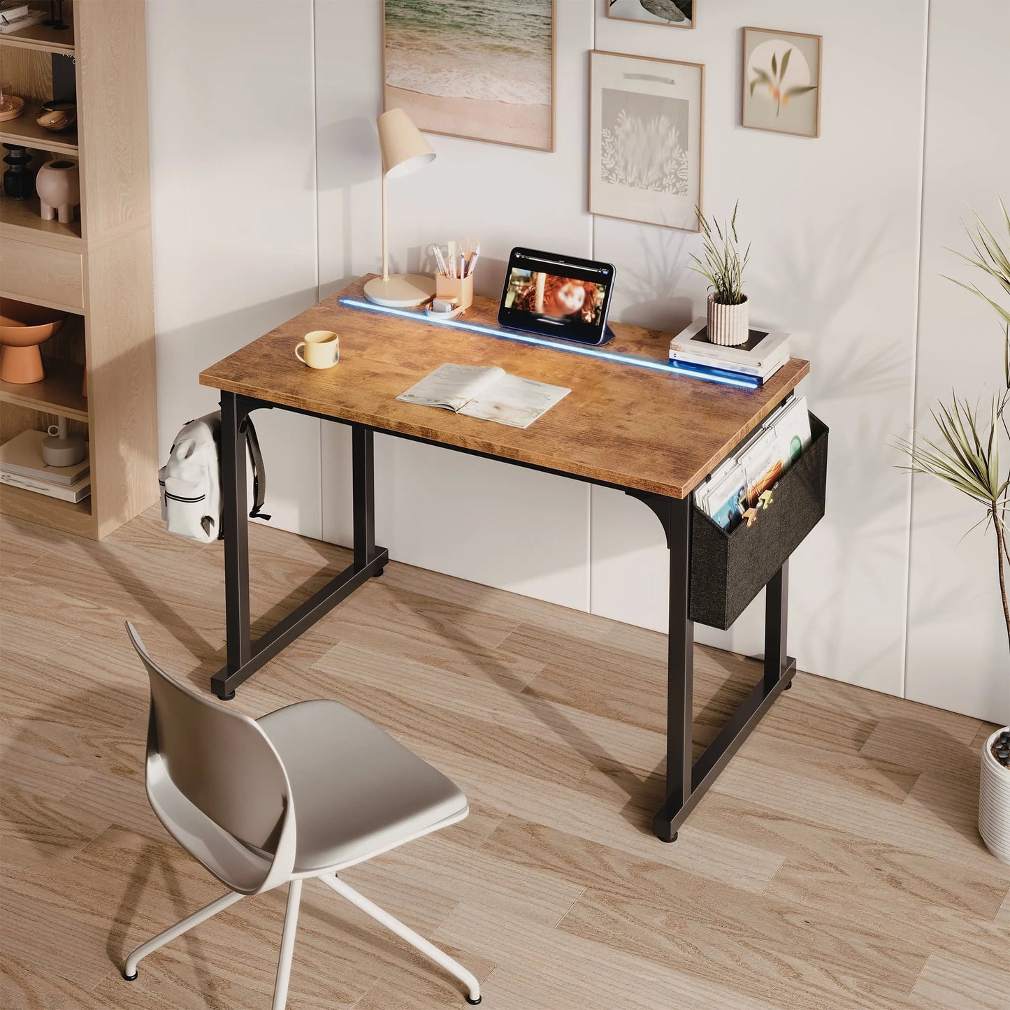 EnHomee 31.5" RGB LED Vanity Desk Waterproof Writing Desk with Headphone Hook & Storage Bag, Metal Frame Home Office Table for Bedroom Dorm