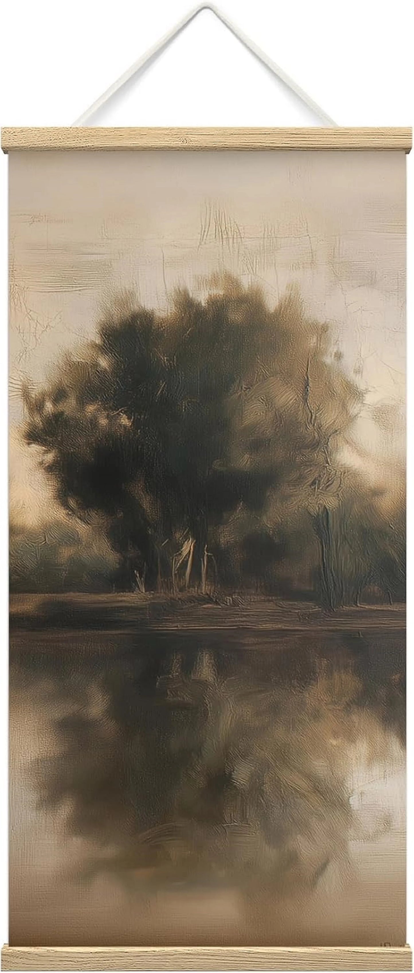 Wooden Framed Hanging Poster Neutral Sepia Lake Tree Reflection Wall Picture Poster Artwork for Home