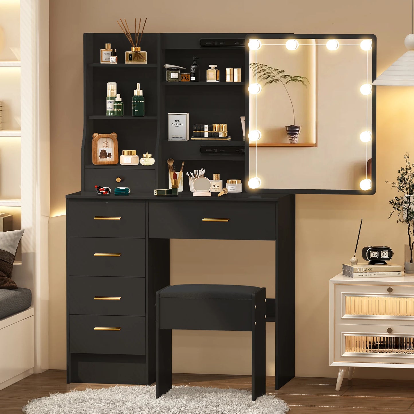 10 LED Lights Makeup Mirror Vanity Table Set with Stool, Sliding Drawers Dressing Desk for Bedroom, Beauty Cosmetic Storage Organizer