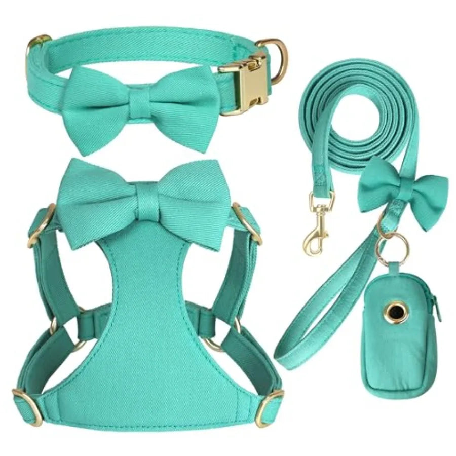 Small dog harness collar leash set for XS dogs, nylon with pink bows, adjustable step-in vest for walking and holiday outfits