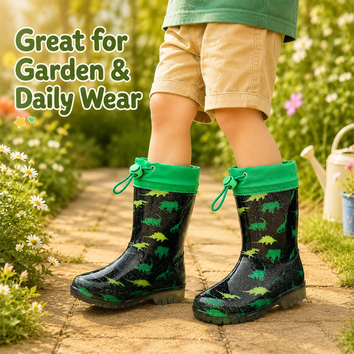 Boys Green Dinosaur Print Glitter Kids Rain Boots Adjustable Drawstring Cuff Waterproof Anti-slip PVC Children Wellies Outdoor Rain Water Shoes