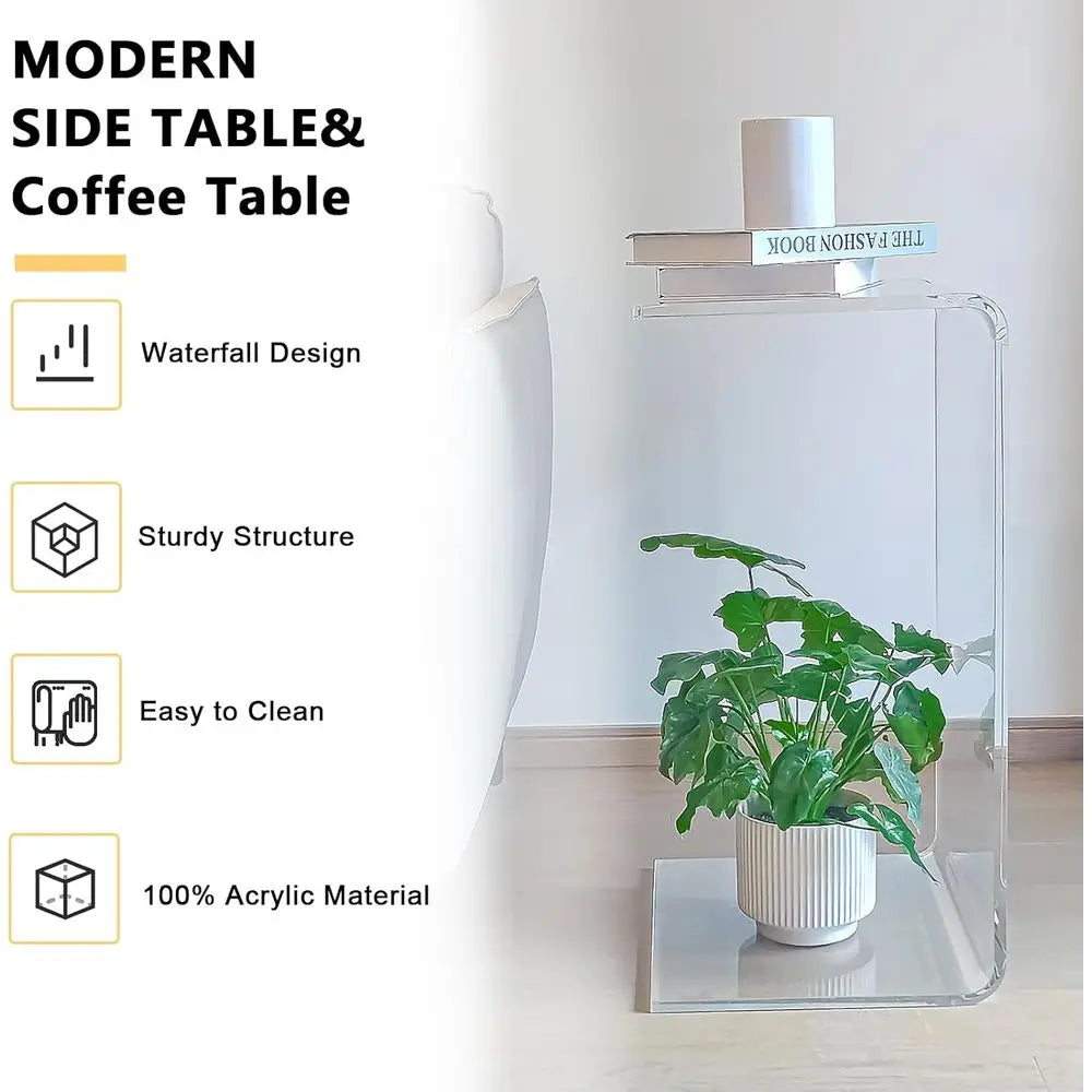 Premium C-Shape Acrylic Side Table,24" L x 14" W x 12" H x 1/2" Thick Clear End Table,Transparent Nightstand with Waterall Edges