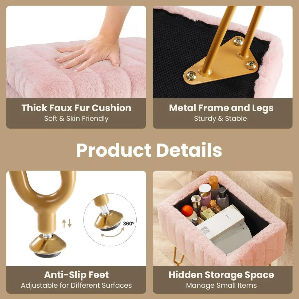 Vanity Stool with Hidden Storage Soft Faux Fur Seat Metal Legs Adjustable Feet for Dressing Room Bedroom Dorm