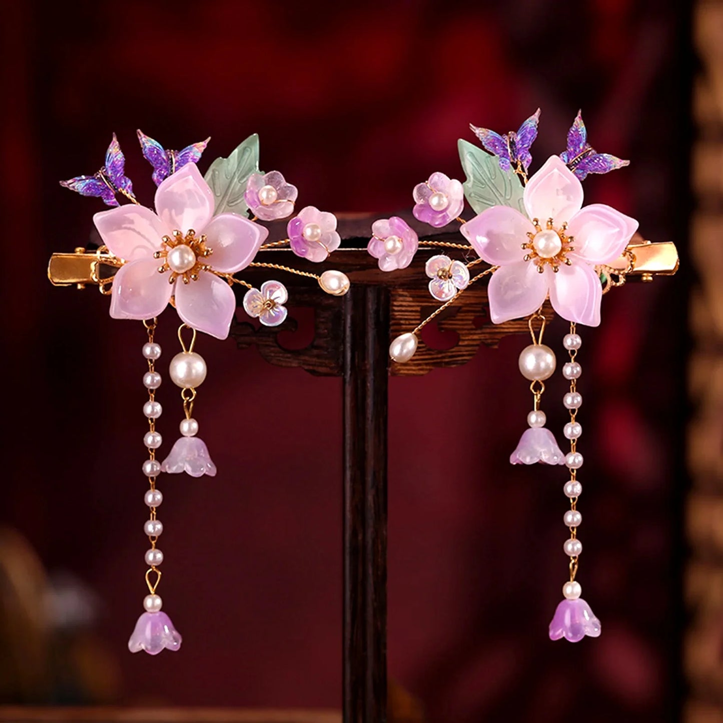 2pcs Chinese Hanfu Hair Clips Hairpins Flower Girls Pink Barretes Crystal Tassel Children Hair Accessories Jewelry Headwear