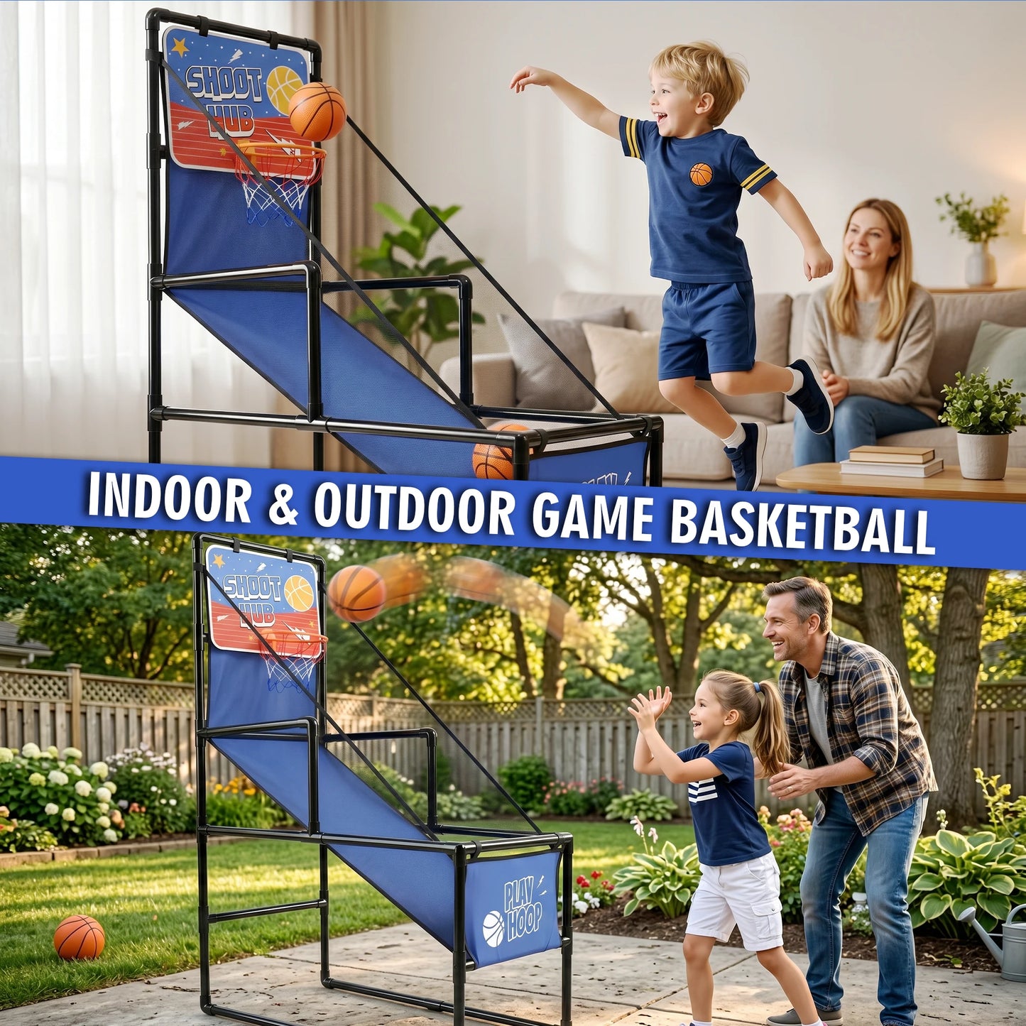 Basketball Arcade Game for Kids Indoor Outdoor Basketball Hoop with 2 Balls & Pump Foldable Stand for Toddlers & Children