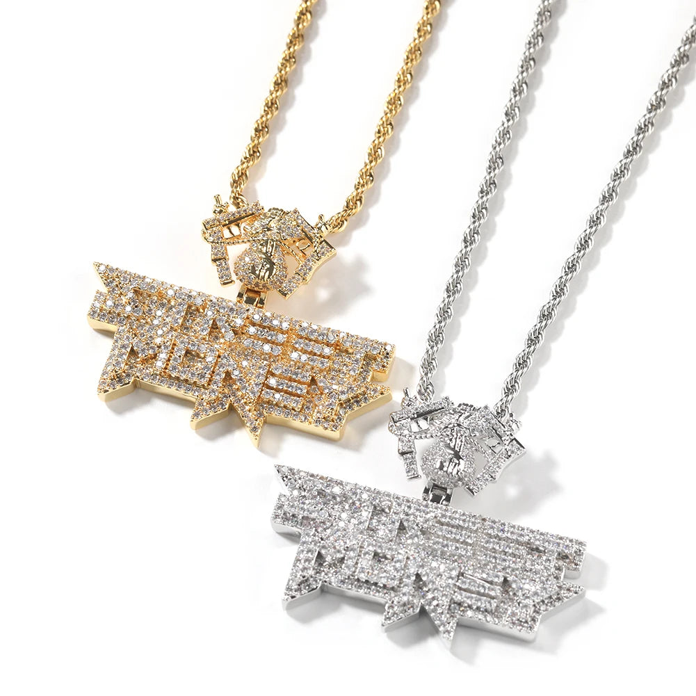 Icy Street Money Pendant With Dollar Bag Guns Hook Mens Necklace 18K Gold Plated Iced Out 5A CZ Hip Hop Jewelry
