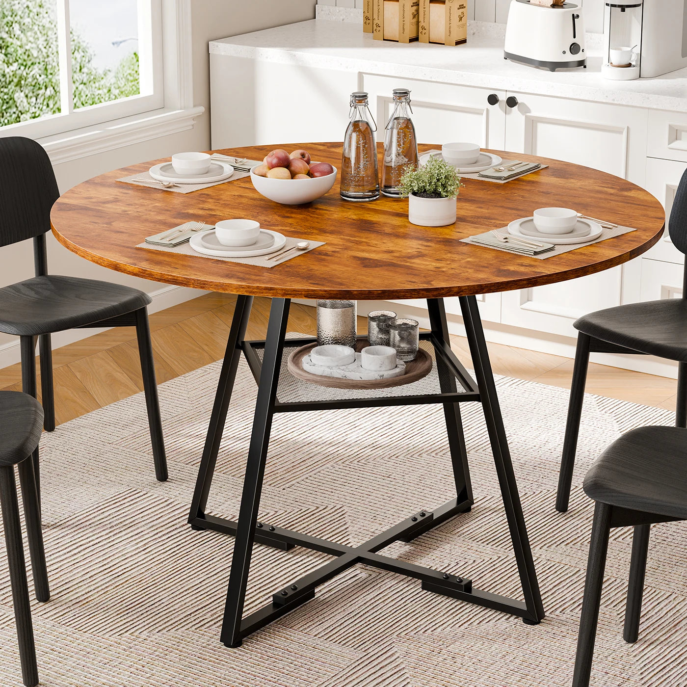 JHK 42IN to 47IN Round Dining Table for 4-6 Space Saving Kitchen Table with Dual-Tier Storage Pedestal Metal Frame Circle Dinner Table for Home Apartment