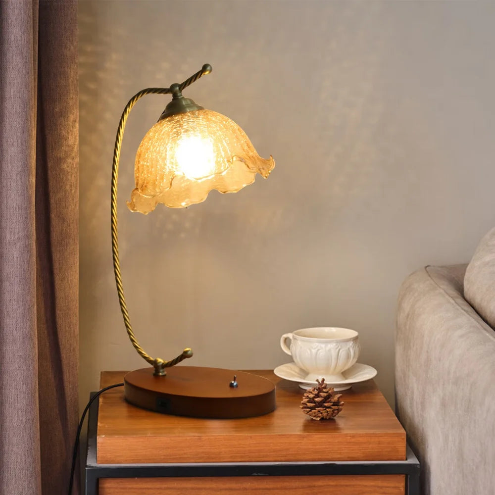 Mid-Century Bedside Table Lamp Modern Glass Flower Desk Lamp Gold Reading Lamp