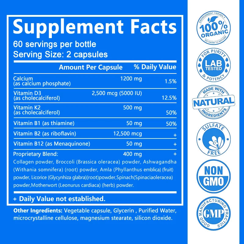 Calcium + D3 + K2 + B12 Capsules - Support Bone and Muscle Health, Replenish Joints