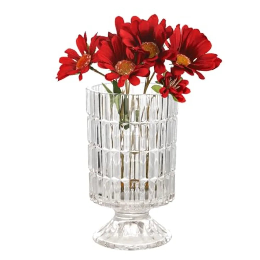 Pedestal Base Glass Vase Wide Mouth vases for Flowers, Embossed Flower Vase Decorative for Home Office Wedding Holiday Party