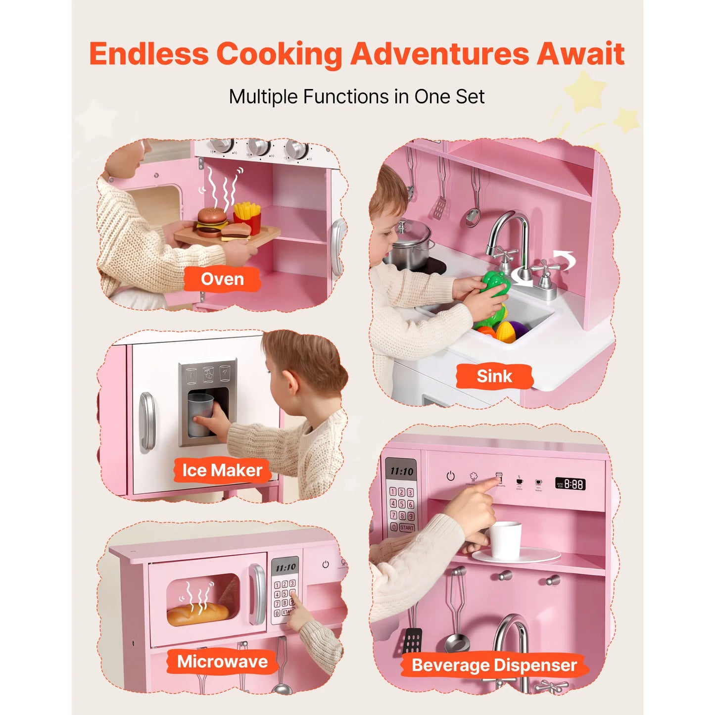 SucceBuy Play Kitchen for Kids Wooden Kids Kitchen Playset with Lights Sounds & Cookware Pretend Play Toy Set fit Toddlers Girls