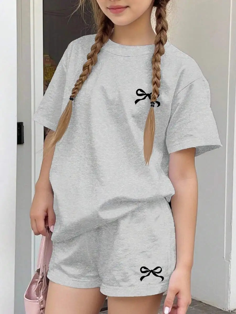 Womens Cherry Bow Print Short Sleeve T-Shirt And Plaid Shorts 2-Piece Set Summer Casual Streetwear Outfit