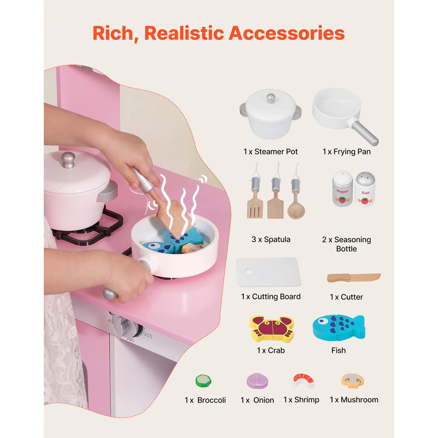 SucceBuy Wooden Play Kitchen Toy Set with Food & Cookware Accessories Pretend Kids Kitchen Playset for Toddlers Girls & Boys