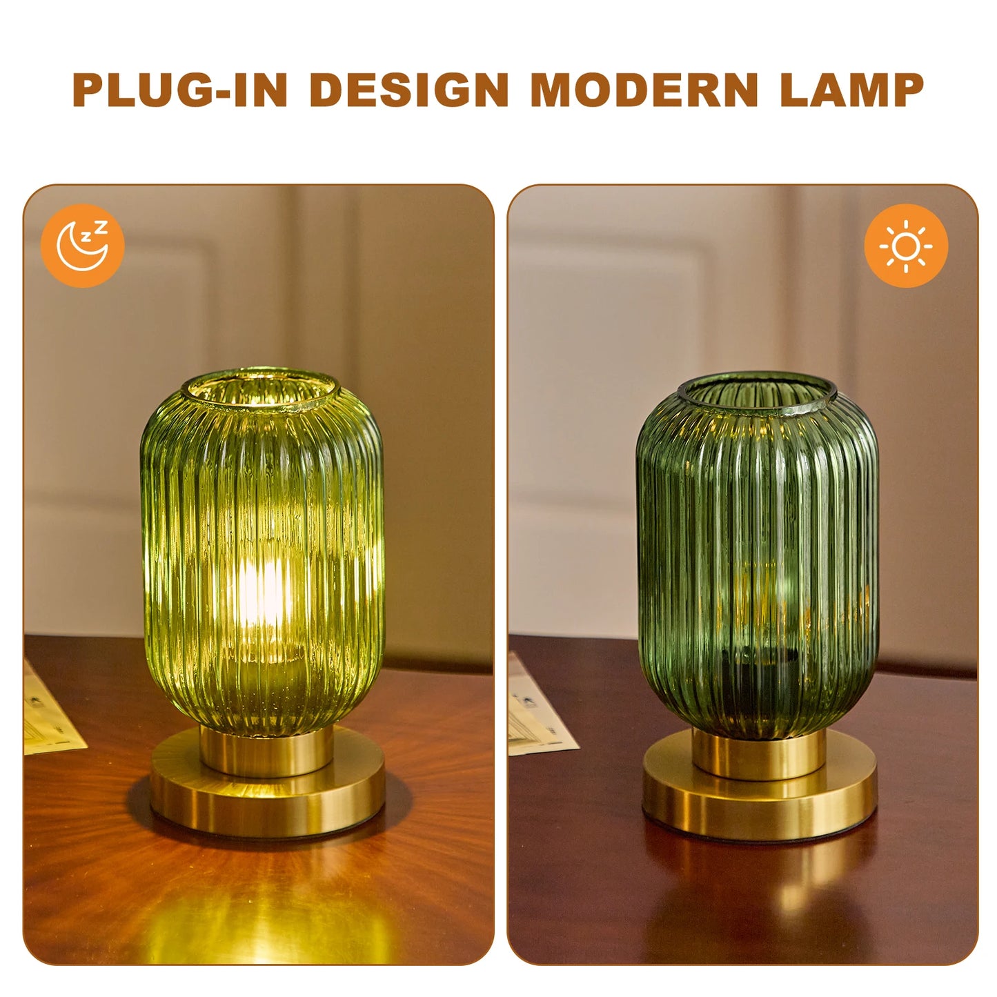 HSMKL Modern Ribbed Glass Table Lamps Mid Century Bedside Light Small Nightstand Lamp with Plug-in Style for Bedroom Living Room